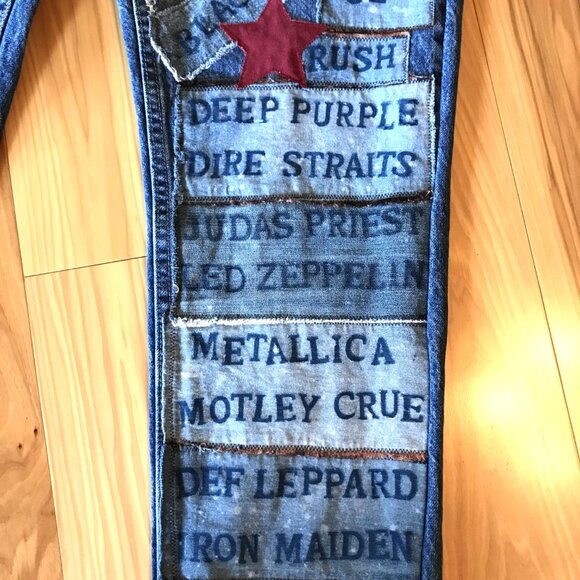 Women’s Patchwork Jeans, Size 16P: 1980s Rock Band Patches, Retro Hippie Pants - Picture 5 of 12